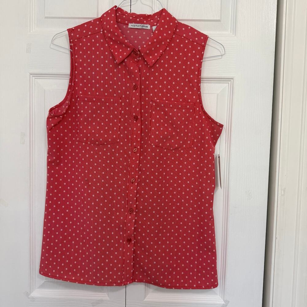 NWT Notations Bright Polka Dot Sleeveless Button Down